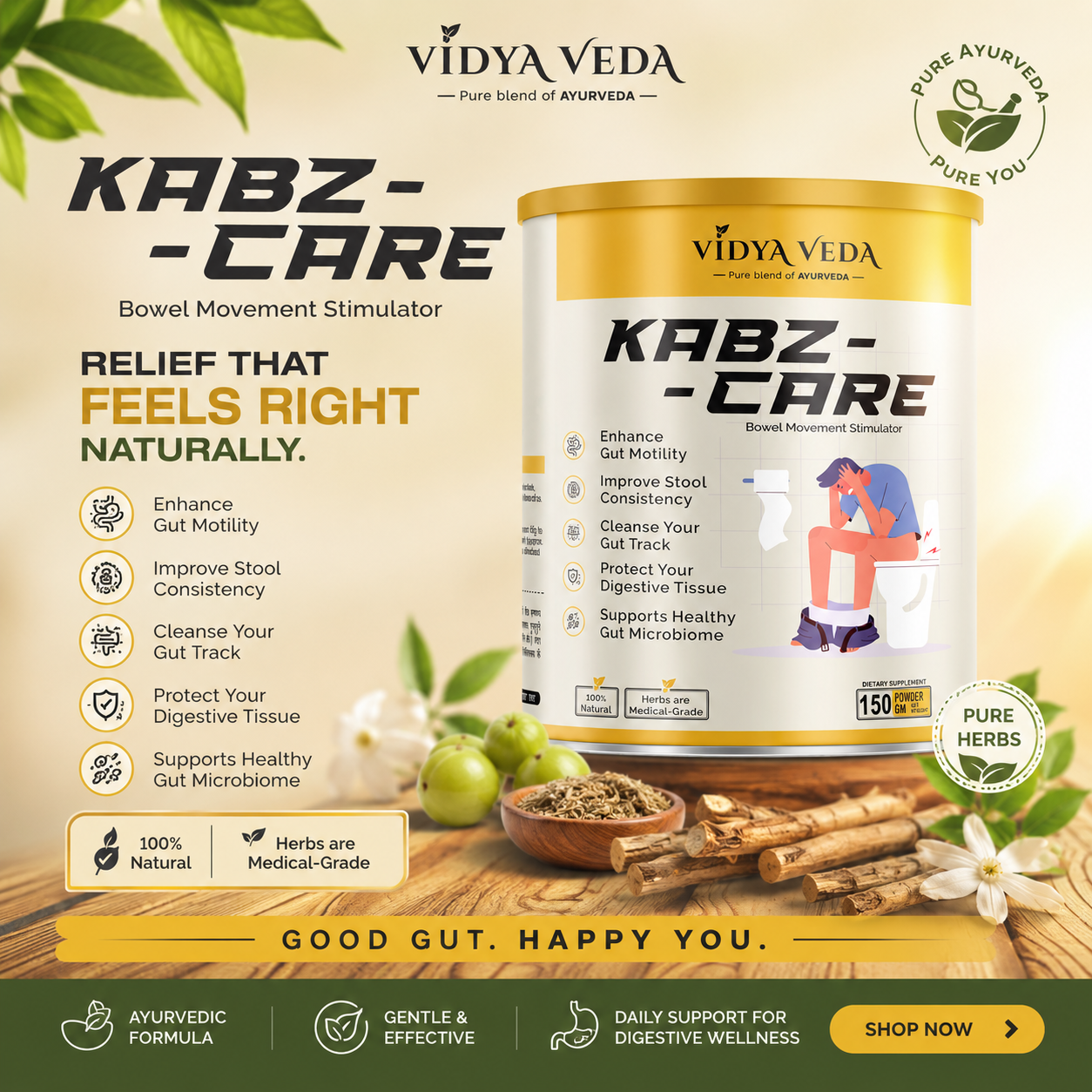 Vidyaveda Kabz Care Powder – Herbal Solution for Constipation, Gas & Acidity | 150gm