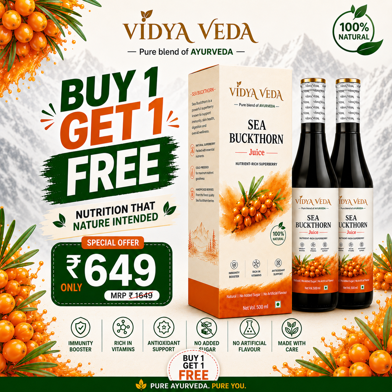 Vidyaveda Sea Buckthorn Juice 500ml – Buy 1 Get 1 FREE